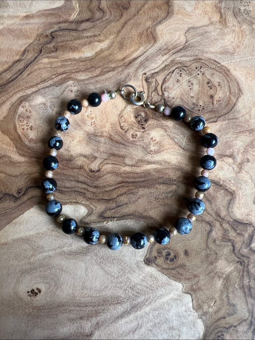 Snowflake Obsidian Beaded Bracelet with Pink & Gold Accents